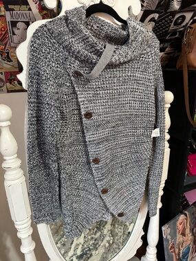 Marled Gray Cowl Neck Button Sweater